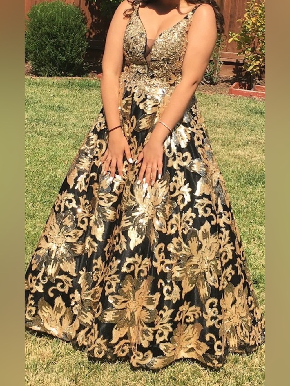 Black and Gold Sequin Floral Evening Gown